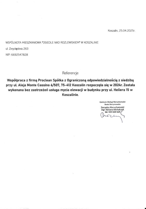 Referencje Proclean: Wspólnota Mieszkaniowa Osiedle Nad Rozlewiskiem w Koszalinie