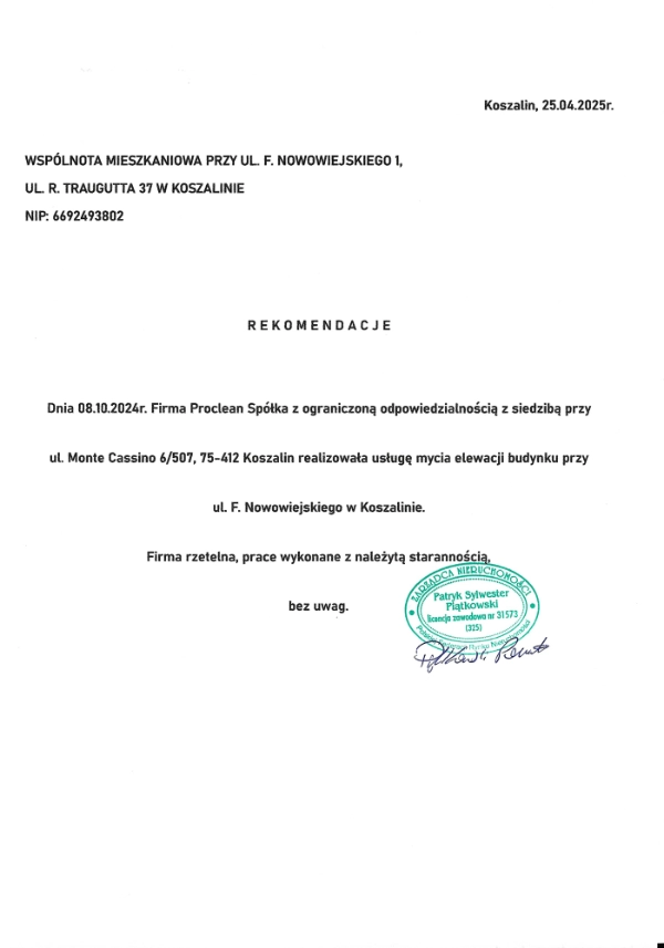 Referencje Proclean: Wspólnota Mieszkaniowa przy Nowowiejskiego