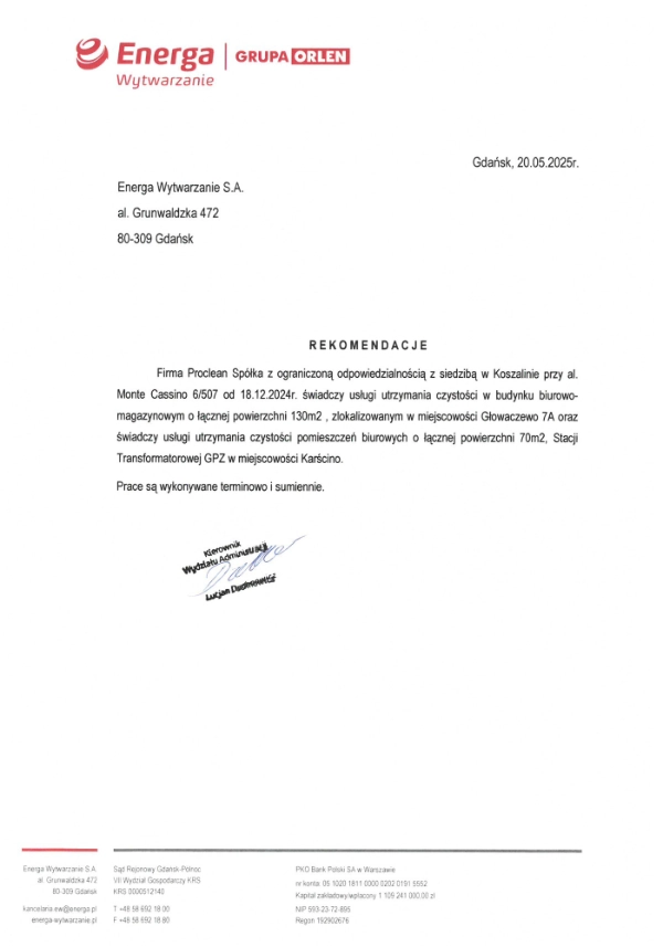 Referencje Proclean: Energa Wytwarzanie Grupa Orlen