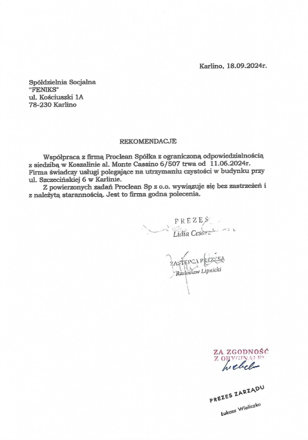 Referencje Proclean: Wspólnota Socjalna Feniks