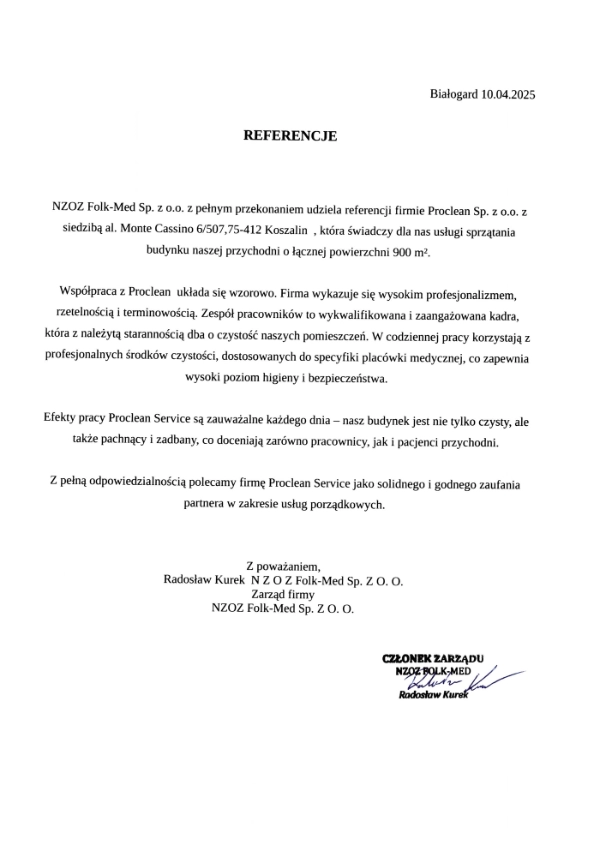 Referencje Proclean: NZOZ Folkmed