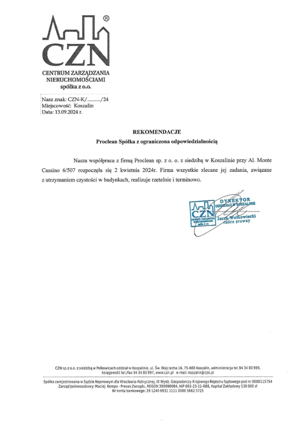 Referencje Proclean: Centrum Zarządzania Nieruchomościami